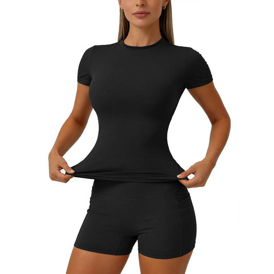 2 Piece Set Women'S Yoga Suit Set Solid Color Quick Drying Short Sleeved Top with Pockets on Both Sides Shorts with Tight Fit Suitable for Yoga Gym Training Running Cycling Golf All Season Outdoor Simple and Versatile Short Sleeved Shorts